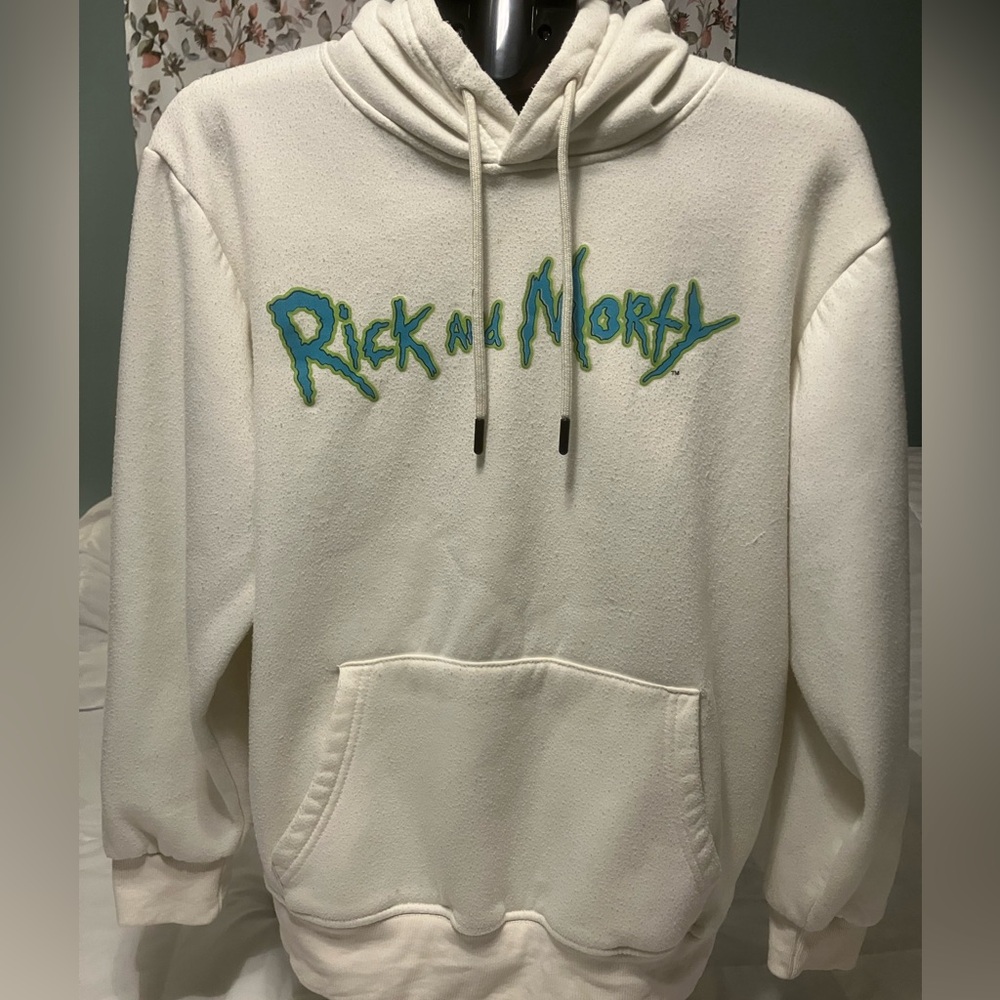 Rick and Morty Hoodie Members Only Adult Swim Cream Back Graphic Size S